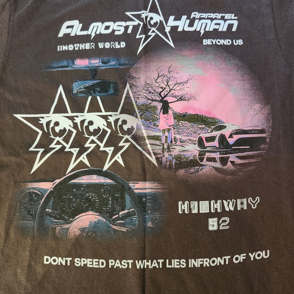 Almost Human Mens Brown Graphic Logo Crew Neck Tagless Cotton Jersey Tee S